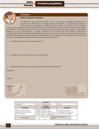 24 ARGUMENTA EL ORIGEN E IMPORTANCIA DEL DERECHO
EvaluaciónEvaluaciónEvaluaciónEvaluación
Actividad: 6 Producto: Análisis de caso. Puntaje:
SaberesSaberesSaberesSaberes
ConceptualConceptualConceptualConceptual ProcedimentalProcedimentalProcedimentalProcedimental ActitudinalActitudinalActitudinalActitudinal
Identifica a partir del caso
expuesto la misión, utilidad y
fines del Derecho.
Distingue a partir del caso
expuesto la forma en que se
cumplen mediante la aplicación del
Derecho su misión, utilidad y fines.
Se concientiza sobre la
importancia del Derecho y se
compromete a respetarlo.
Autoevaluación
C MC NC Calificación otorgada por el
docente
Analiza la siguiente situación:
Un matrimonio que procreó dos hijos, de 2 y 5 años, tiene múltiples dificultades al no
solucionar sus diferencias, los cónyuges optan por contratar a un abogado para iniciar el
juicio de divorcio; el abogado aconseja a los padres realizar un divorcio de tipo voluntario,
para que así el proceso sea más amigable, rápido y con menores repercusiones para los menores; para lograrlo
se establece un convenio judicial en el cuál los padres se ponen de acuerdo en quien ejercerá la tutela de los
menores, es decir, quien ejercerá el cuidado cotidiano de los menores, así como también establecer la
obligación del padre de proporcionará cantidad quincenal de dinero que garantice los alimentos de los menores,
es decir la alimentación, vivienda, educación y esparcimiento de los menores, así como también fijar el día y hora
en el que el padre tendrá derecho a la convivencia con sus hijos menores.
1. La misión del Derecho ante el caso expuesto es:
2. La utilidad que tiene el Derecho en el caso expuesto es:
3. Los fines del Derecho en el caso expuesto se cumplen concretamente al:
Seguridad
Justicia
Bien Común
Actividad: 6
 