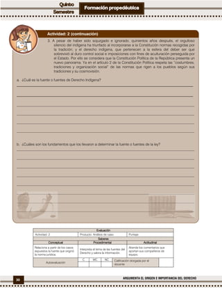30 ARGUMENTA EL ORIGEN E IMPORTANCIA DEL DERECHO
EvaluaciónEvaluaciónEvaluaciónEvaluación
Actividad: 2 Producto: Análisis de caso. Puntaje:
SaberesSaberesSaberesSaberes
ConceptualConceptualConceptualConceptual ProcedimentalProcedimentalProcedimentalProcedimental ActitudinalActitudinalActitudinalActitudinal
Relaciona a partir de los casos
expuestos la fuente que originó
la norma jurídica.
Interpreta el tema de las fuentes del
Derecho y valora la información.
Atiende los comentarios que
aportan sus compañeros de
equipo.
Autoevaluación
C MC NC Calificación otorgada por el
docente
3. A pesar de haber sido sojuzgado e ignorado, quinientos años después, el orgulloso
silencio del indígena ha triunfado al incorporarse a la Constitución normas recogidas por
la tradición; y el derecho indígena, que pertenecen a la esfera del deber ser que
sobrevivió al duro control social e imposiciones con fines de aculturación perseguida por
el Estado. Por ello se considera que la Constitución Política de la República presenta un
nuevo panorama. Ya en el artículo 2 de la Constitución Política respeta las “costumbres,
tradiciones y organización social” de las normas que rigen a los pueblos según sus
tradiciones y su cosmovisión.
a. ¿Cuál es la fuente o fuentes de Derecho Indígena?
_________________________________________________________________________________
_________________________________________________________________________________
__________________________________________________________________________________________________
__________________________________________________________________________________________________
__________________________________________________________________________________________________
__________________________________________________________________________________________________
b. ¿Cuáles son los fundamentos que los llevaron a determinar la fuente o fuentes de la ley?
__________________________________________________________________________________________________
__________________________________________________________________________________________________
__________________________________________________________________________________________________
__________________________________________________________________________________________________
__________________________________________________________________________________________________
__________________________________________________________________________________________________
__________________________________________________________________________________________________
__________________________________________________________________________________________________
Actividad: 2 (continuación)
 