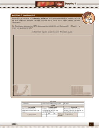 33BLOQUE 1
EvaluaciónEvaluaciónEvaluaciónEvaluación
Actividad: 3 Producto: Conclusiones grupales. Puntaje:
SaberesSaberesSaberesSaberes
ConceptualConceptualConceptualConceptual ProcedimentalProcedimentalProcedimentalProcedimental ActitudinalActitudinalActitudinalActitudinal
Ubica históricamente el
tratamiento jurídico dado a la
mujer.
Sintetiza la información y
construyen en el grupo una
conclusión del tema.
Expresa sus ideas en forma
abierta y escucha las ideas de los
compañeros con atención.
Autoevaluación
C MC NC Calificación otorgada por el
docente
El derecho de pernada, es un derecho feudalderecho feudalderecho feudalderecho feudal que teóricamente establecía la potestad señorial
de tener relaciones sexuales con toda doncella, sierva de su feudo, recién casada con otro
siervo suyo.
La Constitución Mexicana en 1974, al adicionar su Artículo 4to, con la expresión: ..”El varón y la
mujer son iguales ante la ley”.
Anota en este espacio las conclusiones del debate grupal.
Actividad: 3 (continuación)
 