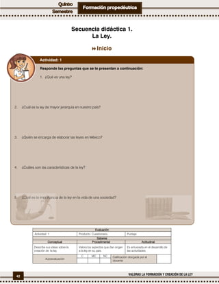 42
VALORAS LA FORMACIÓN Y CREACIÓN DE LA LEY
Secuencia didáctica 1.
La Ley.
Inicio
EvaluaciónEvaluaciónEvaluaciónEvaluación
Actividad: 1 Producto: Cuestionario. Puntaje:
SaberesSaberesSaberesSaberes
ConceptualConceptualConceptualConceptual ProcedimentalProcedimentalProcedimentalProcedimental ActitudinalActitudinalActitudinalActitudinal
Describe sus ideas sobre la
creación de la ley.
Valora los aspectos que dan origen
a la ley en su país.
Es entusiasta en el desarrollo de
las actividades.
Autoevaluación
C MC NC Calificación otorgada por el
docente
Responde las preguntas que se te presentan a continuación:
1. ¿Qué es una ley?
2. ¿Cuál es la ley de mayor jerarquía en nuestro país?
3. ¿Quién se encarga de elaborar las leyes en México?
4. ¿Cuáles son las características de la ley?
5. ¿Cuál es la importancia de la ley en la vida de una sociedad?
Actividad: 1
 