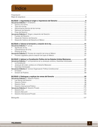 5PRELIMINARES
Presentación .........................................................................................................................................................7
Mapa de asignatura..............................................................................................................................................8
BLOQUE 1: Argumentas el origen e importancia del Derecho ............................................................9
Secuencia Didáctica 1: El Derecho....................................................................................................................10
• Qué es una norma ......................................................................................................................................11
• Tipos de normas .........................................................................................................................................12
• Denominación técnica de las normas........................................................................................................16
• Definición de Derecho ................................................................................................................................20
• Fines del Derecho.......................................................................................................................................23
Secuencia Didáctica 2: Origen y desarrollo del Derecho ..................................................................................26
• Fuentes del Derecho ..................................................................................................................................27
• Desarrollo Histórico del Derecho ...............................................................................................................31
• Desarrollo histórico del Derecho en México ..............................................................................................34
BLOQUE 2: Valoras la formación y creación de la ley........................................................................41
Secuencia Didáctica 1: La Ley ...........................................................................................................................42
• Significado de ley........................................................................................................................................43
• Características de la ley..............................................................................................................................43
• Eficacia de la ley .........................................................................................................................................47
Secuencia Didáctica 2: Proceso de creación de la ley en México....................................................................50
• Proceso Legislativo para la creación de Leyes en México........................................................................51
BLOQUE 3: Aplicas La Constitución Política de los Estados Unidos Mexicanos .............................57
Secuencia Didáctica 1: La Importancia de La Jerarquía Jurídica y Garantías Individuales .............................58
• La Constitución ...........................................................................................................................................59
• Jerarquía del orden Jurídico en el Derecho Mexicano. .............................................................................66
• Garantías Individuales ................................................................................................................................71
Secuencia Didáctica 2: Conoce Organización Política Constitucional .............................................................80
• El Estado.....................................................................................................................................................81
• División de Poderes....................................................................................................................................89
BLOQUE 4: Distingues y explicas las ramas del Derecho ................................................................93
Secuencia Didáctica 1: Derecho Público...........................................................................................................94
• Las Ramas del Derecho .............................................................................................................................96
• Derecho Público .........................................................................................................................................96
• Derecho Penal ............................................................................................................................................98
• Derecho Internacional Público..................................................................................................................102
Secuencia Didáctica 2: Derecho Privado.........................................................................................................112
• Derecho Civil.............................................................................................................................................113
• Derecho Mercantil.....................................................................................................................................121
• Derecho Internacional Privado .................................................................................................................123
Bibliografía ........................................................................................................................................................127
Índice
 