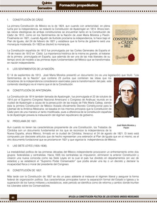 60 APLICA LA CONSTITUCIÓN POLÍTICA DE LOS ESTADOS UNIDOS MEXICANOS
I. CONSTITUCIÓN DE CÁDIZ.
La primera Constitución de México es la de 1824, aun cuando con anterioridad, en plena
lucha por la independencia, se redactó la Constitución de Apatzingán en 1814. Ahora bien,
las raíces ideológicas de ambas constituciones se encuentran tanto en la Constitución de
Cádiz de 1812, como en los Sentimientos de la Nación de José María Morelos y Pavón.
Finalmente en 1821, cuando Agustín de Iturbide proclama la independencia, lo hace bajo el
Plan de Iguala, del 24 de febrero de 1821 y establece que la forma de gobierno será una
monarquía moderada. En 1823 se disolvió la monarquía.
La Constitución española de 1812 fue promulgada por las Cortes Generales de España el
19 de marzo de 1812 en Cádiz. La importancia histórica de la misma es grande, al tratarse
de la primera promulgada en España, que además de ser una de las más liberales de su
tiempo sirvió de modelo a las primeras leyes fundamentales del México que se transformaba
en nación independiente.
II. LOS SENTIMIENTOS DE LA NACIÓN.
El 14 de septiembre de 1813, José María Morelos presentó un documento (no es una legislación) que tituló: “Los
Sentimientos de la Nación” que contiene 23 puntos que contienen las ideas que los
iniciadores de la independencia consideraron esenciales para la transformación del país; este
contenido ideológico es el mismo que el de la Constitución.
III. CONSTITUCIÓN DE APATZINGÁN.
La Constitución de 1814 también llamada de Apatzingán, fue promulgada el 22 de octubre de
1814 por el Supremo Congreso Nacional Americano o Congreso de Anáhuac reunido en la
ciudad de Apatzingán a causa de la persecución de las tropas de Félix María Calleja, siendo
ésta la primera Constitución de México titulada oficialmente Decreto Constitucional para la
Libertad de la América Mexicana; se basaba en los mismos principios que la Constitución de
Cádiz pero de una manera un tanto modificada, pues a diferencia de la Constitución española
la de Apatzingán preveía la instauración del régimen republicano de gobierno.
IV. PROCLAMA DE 1821.
Aun cuando no tienen las características propiamente de una Constitución, los Tratados de
Córdoba son un documento fundamental en los que se reconoce la independencia de la
Nueva España, ahora México, firmado en la ciudad de Córdoba, Veracruz el 24 de agosto de 1821. El texto está
compuesto por diecisiete artículos que de hecho representan una extensión al Plan de Iguala que en sí mismo, es el
otro documento fundacional que se proclama en 1821 y que vigoriza la independencia de México.
V. LAS SIETE LEYES (1835-1836).
La inestabilidad política de las primeras décadas del México independiente provocaron un enfrentamiento entre dos
grupos: federalistas y centralistas. Hacia 1835 los centralistas se impusieron, eliminaron la anterior Constitución y
crearon una nueva conocida como las Siete Leyes en la cual el país fue dividido en departamentos (en vez de
estados) y se estableció el “Supremo Poder Conservador” que podía anular una ley o un decreto y declarar la
incapacidad física o moral del presidente del Congreso.
VI. CONSTITUCIÓN DE 1857.
Más tarde con la Constitución de 1857 se dio un paso adelante al instaurar el régimen liberal y asegurar la forma
federal de organización política. Sus características principales fueron la separación formal del Estado e Iglesia y la
superación de los fueros militares y eclesiásticos, este periodo se identifica como de reforma y cambio donde triunfan
los Liberales sobre los Conservadores.
José María Morelos y
Pavón
 