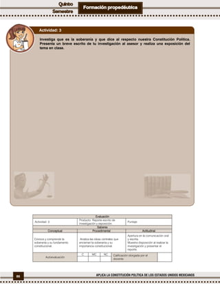 86 APLICA LA CONSTITUCIÓN POLÍTICA DE LOS ESTADOS UNIDOS MEXICANOS
Evaluación
Actividad: 3
Producto: Reporte escrito de
investigación y exposición.
Puntaje:
Saberes
Conceptual Procedimental Actitudinal
Conoce y comprende la
soberanía y su fundamento
constitucional.
Analiza las ideas centrales que
encierran la soberanía y su
importancia constitucional.
Apertura en la comunicación oral
y escrita.
Muestra disposición al realizar la
investigación y presentar el
reporte.
Autoevaluación
C MC NC Calificación otorgada por el
docente
Investiga que es la soberanía y que dice al respecto nuestra Constitución Política.
Presenta un breve escrito de tu investigación al asesor y realiza una exposición del
tema en clase.
Actividad: 3
 
