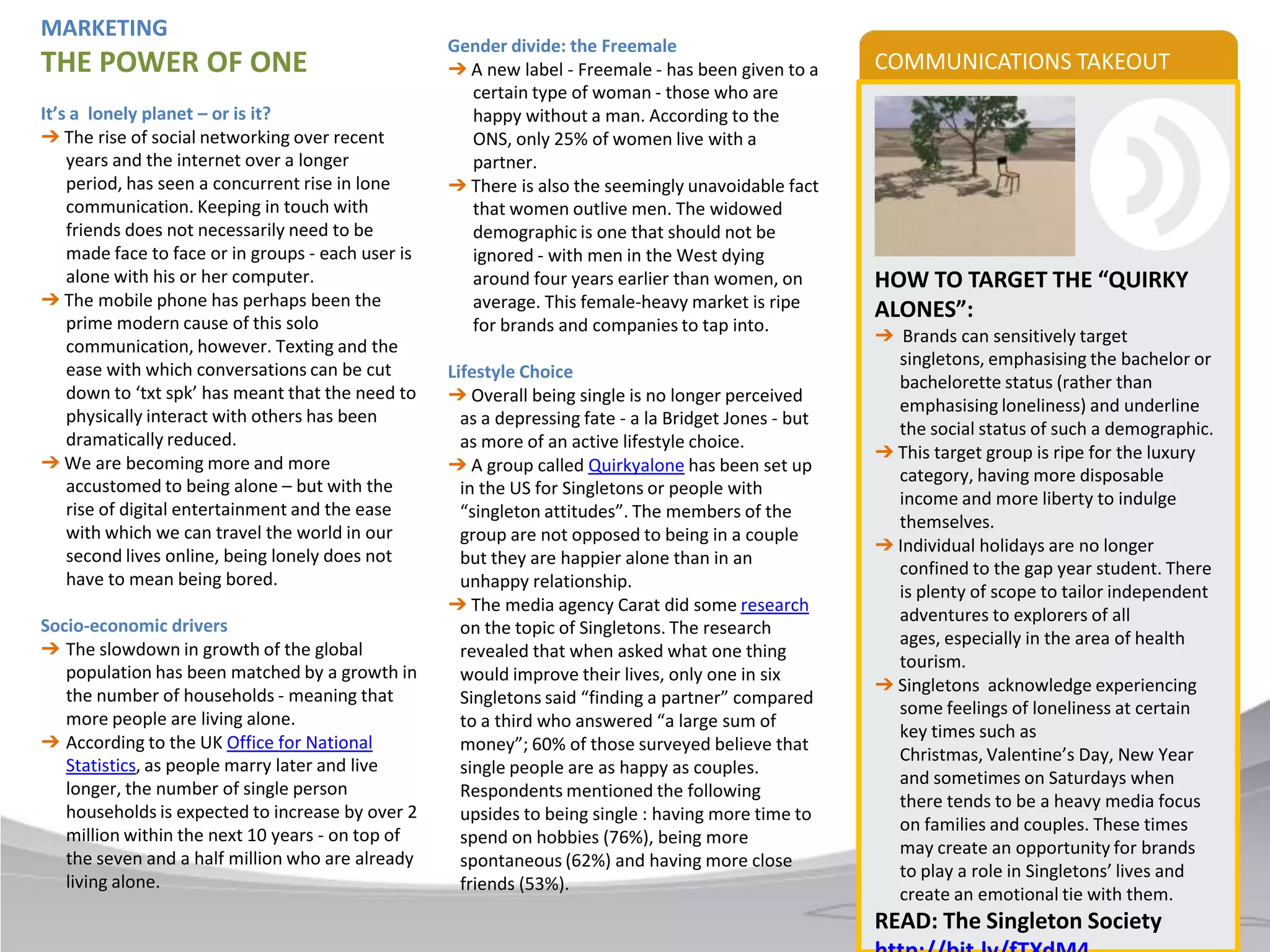 Food SecurityMany Eyes  “living laboratory”➔ Data visualisation is something that IBM – one of the most innovative companies in the world – is taking a keen interest in. ➔ They have even launched a website called Many Eyes  which they see as a “living laboratory” allowing you to upload data sheets and see them be transformed into a variety of visualised formats. Best practice➔  You are sure to remember the story of the Chilean miners. There were 33 Chilean miners trapped in a mine who were not going to be able to be freed for months. Although this was headline news when it first broke there was an element of compassion fatigue over time. To counter this Newsweek produced this amazing infographic  called “Think of the Miners” showing how small the bore hole was that was used to send them all their daily needs. As you can see, it’s a very powerful medium for getting your narrative across.➔ Take a look at these stunning examples of creative infographics and these data visualisations.➔ This video is well worth taking the time to watch – journalism in the age of data: http://bit.ly/idY8ki➔ The New York Times and the BBC websites are also good reference points, as they are both at the forefront of data visualisation. DIGITAL/DESIGNDATA VISUALISATIONInfographics are big ➔ Regardless of the medium, PR professionals are still essentially in the business of creating compelling ways in which to get their client’s messages across.➔ One of the key trends in this area is Data Visualisation or Infographics. Impactful➔ A study at the University of Pennsylvania showed that in presentations, when information is conveyed orally, people retain only 10 percent of the content. But when a presentation includes visuals and words, that number increases to 50.➔ In an era when we are inundated with news and media stories that have to fight for space amidst this deluge, infographics can make a real difference in helping a client stand out from its competitors. Not just a pretty picture ➔ Infographics are much more than a pretty picture.➔ They provide users with 4 distinct elements:1. same mental model2. attention-getting mechanisms3. content retention4. engagement from start to finishCOMMUNICATIONS TAKEOUTHOW TO GET THE MOST OUT OF INFOGRAPHICS:➔ Ideas should be topical➔ Research is key and data needs to be accurate➔ Design is critical to take you on an entertaining visual journey➔ The title is important and needs a recognisable theme➔ Spread the word aggressively among key online and offline influencers➔ Promote your content/Infographic on social media e.g.. Digg, Facebook, Twitter, Reddit, and StumbleUpon,etc.➔ Establish metrics to measure success➔ Make sure you have the URL of your firm and the research links embedded in the image so that you always get the credit for your work and in return, credit those whose research made it possible for you to create a visual representation. READ: 10 Awesome Free Tools To Make Your Own Infographicshttp://bit.ly/hwQmx7