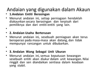 Andaian yang digunakan dalam Akaun
• 1.Andaian Entiti Berasingan
• Menurut andaian ini, setiap perniagaan hendaklah
diakaunkan secara berasingan dan terpisah dari
pemiliknya dan dari entiti-entiti yang lain.
•
• 2. Andaian Usaha Berterusan
• Menurut andaian ini, sesebuah perniagaan akan terus
beroperasi pada masa-masa akan datang, dan tidak
mempunyai rancangan untuk dibubarkan.
•
• 3. Andaian Wang Sebagai Unit Ukuran
• Menurut andaian ini, semua keputusan kewangan
sesebuah entiti akan diukur dalam unit kewangan. Nilai
ringgit dan sen diandaikan sentiasa dalam keadaan
yang stabil.
 