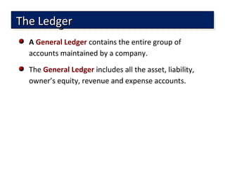 A General Ledger contains the entire group of
accounts maintained by a company.
The General Ledger includes all the asset, liability,
owner’s equity, revenue and expense accounts.
The LedgerThe LedgerThe LedgerThe Ledger
 