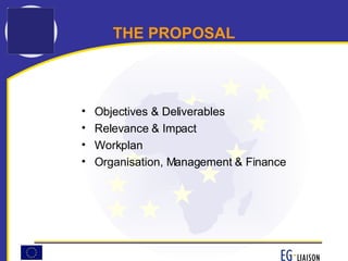 THE PROPOSAL Objectives & Deliverables Relevance & Impact Workplan Organisation, Management & Finance 