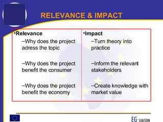 RELEVANCE & IMPACT Impact Turn theory into practice Inform the relevant stakeholders Create knowledge with market value Relevance Why does the project adress the topic Why does the project benefit the consumer Why does the project benefit the economy 