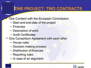 ONE PROJECT: TWO CONTRACTS One Contract with the  European Commission Start and end-date of the project Finances Description of work Audit Certificates One Consortium Agreement  with each other House rules Decision making process Distribution of finances Reporting rules In case of an argument 