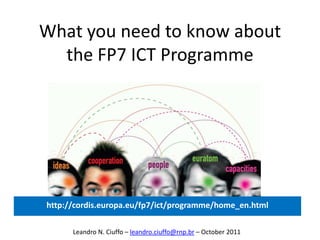 What you need to know about
  the FP7 ICT Programme




http://cordis.europa.eu/fp7/ict/programme/home_en.html

      Leandro N. Ciuffo – leandro.ciuffo@rnp.br – October 2011
 