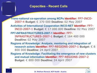 Trans-national co-operation among NCPs  Identifier:  FP7-INCO-2007-4  Budget:   €  3 70 000  Deadline:   02 May 2007 Activities of International Cooperation INCO-NET  Identifier:  FP7-INCO-2007-1  Budget:   €  1 7 000 000  Deadline:   02 May 2007   FP7-INFRASTRUCTURES-2007-1  Identifier:  FP7-INFRASTRUCTURES-2007-1  Budget:   €  1 64 400 000  Deadline:   02 May 2007 Regions of Knowledge: Analysis, mentoring and integration of research actors  Identifier:  FP7-REGIONS-2007-1  Budget:   €  8  800 000  Deadline:   24 April 2007 Regions of Knowledge: Facilitating the emergence of new clusters and mutual information  Identifier:  FP7-REGIONS-2007-2  Budget:   €  8 00 000  Deadline:   24 April 2007 Capacities - Recent Calls 