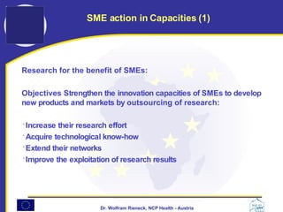 Research for the benefit of SMEs:  Objectives  Strengthen the innovation capacities of SMEs to develop new products and markets by  outsourcing of research:   Increase their research effort  Acquire technological know-how  Extend their networks  Improve the exploitation of research results   SME action in Capacities (1) 