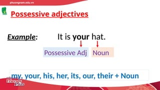 Possessive adjectives
Example: It is your hat.
Possessive Adj Noun
my, your, his, her, its, our, their + Noun
 