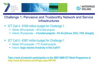 Challenge 1: Pervasive and Trustworthy Network and Service Infrastructures ICT Call 4 - €190 million budget for Challenge 1 Global: 284 proposals – 46 funded projects Ireland: 29 proposals  –  4 funded projects: ~€1.4m [Intune, DCU, TCD, Google] ICT Call 5 - €367 million budget for Challenge 1 Global: 574 proposals – ??? funded projects Ireland:  large volume of activity in this Call!!!! Take a look at Ireland’s participation in the 2007-2008 ICT Work Programme at  http://www.fp7ireland.com/Page.aspx?SP=96 
