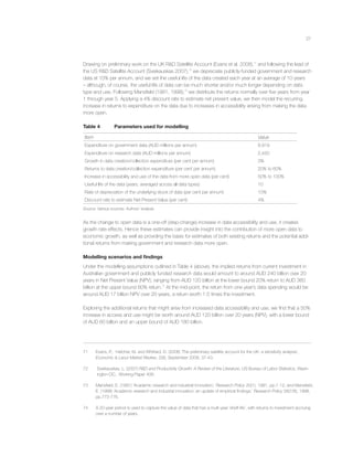 27
Drawing on preliminary work on the UK R&D Satellite Account (Evans et al. 2008),71
and following the lead of
the US R&D Satellite Account (Sveikauskas 2007),72
we depreciate publicly-funded government and research
data at 10% per annum, and we set the useful life of the data created each year at an average of 10 years
– although, of course, the useful life of data can be much shorter and/or much longer depending on data
type and use. Following Mansﬁeld (1991, 1998),73
we distribute the returns normally over ﬁve years from year
1 through year 5. Applying a 4% discount rate to estimate net present value, we then model the recurring
increase in returns to expenditure on the data due to increases in accessibility arising from making the data
more open.
Table 4 Parameters used for modelling
Item Value
Expenditure on government data (AUD millions per annum) 8,919
Expenditure on research data (AUD millions per annum) 2,450
Growth in data creation/collection expenditure (per cent per annum) 3%
Returns to data creation/collection expenditure (per cent per annum) 20% to 60%
Increase in accessibility and use of the data from more open data (per cent) 50% to 100%
Useful life of the data (years, averaged across all data types) 10
Rate of depreciation of the underlying stock of data (per cent per annum) 10%
Discount rate to estimate Net Present Value (per cent) 4%
Source: Various sources. Authors’ analysis.
As the change to open data is a one-off (step-change) increase in data accessibility and use, it creates
growth rate effects. Hence these estimates can provide insight into the contribution of more open data to
economic growth, as well as providing the basis for estimates of both existing returns and the potential addi-
tional returns from making government and research data more open.
Modelling scenarios and ﬁndings
Under the modelling assumptions outlined in Table 4 (above), the implied returns from current investment in
Australian government and publicly funded research data would amount to around AUD 240 billion over 20
years in Net Present Value (NPV), ranging from AUD 120 billion at the lower bound 20% return to AUD 360
billion at the upper bound 60% return.74
At the mid-point, the return from one year’s data spending would be
around AUD 17 billion NPV over 20 years, a return worth 1.5 times the investment.
Exploring the additional returns that might arise from increased data accessibility and use, we ﬁnd that a 50%
increase in access and use might be worth around AUD 120 billion over 20 years (NPV), with a lower bound
of AUD 60 billion and an upper bound of AUD 180 billion.
71 Evans, P., Hatcher, M. and Whittard, D. (2008) ‘The preliminary satellite account for the UK: a sensitivity analysis’,
Economic & Laour Market Review, 2(9), September 2008, 37-43.
72 Sveikauskas, L. (2007) R&D and Productivity Growth: A Review of the Literature, US Bureau of Labor Statistics, Wash-
ington DC., Working Paper 408.
73 Mansﬁeld, E. (1991) ‘Academic research and industrial innovation,’ Research Policy 20(1), 1991, pp.1-12; and Mansﬁeld,
E. (1998) ‘Academic research and industrial innovation: an update of empirical ﬁndings,’ Research Policy 26(7/8), 1998,
pp.773-776.
74 A 20-year period is used to capture the value of data that has a multi-year ‘shelf-life’, with returns to investment accruing
over a number of years.
 