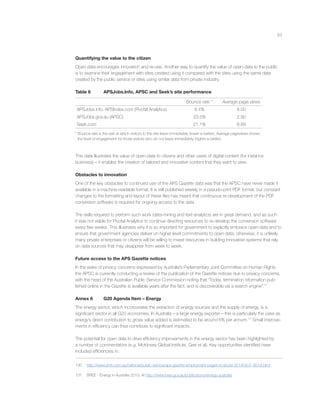 63
Quantifying the value to the citizen
Open data encourages innovation and re-use. Another way to quantify the value of open-data to the public
is to examine their engagement with sites created using it compared with the sites using the same data
created by the public service or sites using similar data from private industry.
Table 6 APSJobs.Info, APSC and Seek’s site performance
Bounce rate * Average page views
APSJobs.info, APSIndex.com (Pivotal Analytics) 8.4% 8.00
APSJobs.gov.au (APSC) 23.5% 2.90
Seek.com 21.1% 8.89
* Bounce rate is the rate at which visitors to the site leave immediately (lower is better). Average pageviews shows
the level of engagement for those visitors who do not leave immediately (higher is better).
This data illustrates the value of open-data to citizens and other users of digital content (for instance
business) – it enables the creation of tailored and innovative content that they want to view.
Obstacles to innovation
One of the key obstacles to continued use of the APS Gazette data was that the APSC have never made it
available in a machine-readable format. It is still published weekly in a pseudo-print PDF format, but constant
changes to the formatting and layout of these ﬁles has meant that continuous re-development of the PDF
conversion software is required for ongoing access to the data.
The skills required to perform such work (data-mining and text-analytics) are in great demand, and as such
it was not viable for Pivotal Analytics to continue devoting resources to re-develop the conversion software
every few weeks. This illustrates why it is so important for government to explicitly embrace open-data and to
ensure that government agencies deliver on higher level commitments to open data; otherwise, it is unlikely
many private enterprises or citizens will be willing to invest resources in building innovative systems that rely
on data sources that may disappear from week to week.
Future access to the APS Gazette notices
In the wake of privacy concerns expressed by Australia’s Parliamentary Joint Committee on Human Rights
the APSC is currently conducting a review of the publication of the Gazette notices due to privacy concerns,
with the head of the Australian Public Service Commission noting that “Today, termination information pub-
lished online in the Gazette is available years after the fact, and is discoverable via a search engine”.131
Annex 6 G20 Agenda Item – Energy
The energy sector, which incorporates the extraction of energy sources and the supply of energy, is a
signiﬁcant sector in all G20 economies. In Australia – a large energy exporter – this is particularly the case as
energy’s direct contribution to gross value added is estimated to be around 6% per annum.131
Small improve-
ments in efﬁciency can thus contribute to signiﬁcant impacts.
The potential for open data to drive efﬁciency improvements in the energy sector has been highlighted by
a number of commentators (e.g. McKinsey Global Institute, Gee et al). Key opportunities identiﬁed have
included efﬁciencies in:
130 http://www.smh.com.au/national/public-service/aps-gazette-employment-pages-in-doubt-20140407-367xf.html
131 BREE - Energy in Australia 2013. At http://www.bree.gov.au/publications/energy-australia.
 