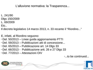 L'alluvione normativa: la Trasparenza...
L. 241/90
Dlgs 150/2009
L. 69/2009
Etc..
Il decreto legislativo 14 marzo 2013, n. 33 recante il “Riordino...”
E, infatti, al Riordino seguono:
•
Del. 50/2013 – Linee guida aggiornamento PTTI
•
Del. 59/2013 – Pubblicazioni atti di concessione...
•
Del. 65/2013 – Pubblicazione art. 14 Dlgs 33
•
Del. 66/2013 - Pubblicazione artt. 26 e 27 Dlgs 33
•
Del. 77/2013 – Attestazioni OIV
•
...to be continued...
 