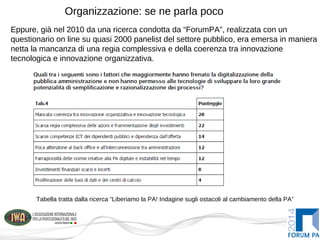 Organizzazione: se ne parla poco
Eppure, già nel 2010 da una ricerca condotta da “ForumPA”, realizzata con un
questionario on line su quasi 2000 panelist del settore pubblico, era emersa in maniera
netta la mancanza di una regia complessiva e della coerenza tra innovazione
tecnologica e innovazione organizzativa.
Tabella tratta dalla ricerca “Liberiamo la PA! Indagine sugli ostacoli al cambiamento della PA”
 