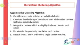 Hierarchical Clustering Algorithm
Agglomerative Clustering Algorithm
1. Consider every data point as an individual cluster
2. Calculate the similarity of one cluster with all the other clusters
(calculate proximity matrix)
3. Merge the clusters which are highly similar or close to each
other.
4. Recalculate the proximity matrix for each cluster
5. Repeat Steps 3 and 4 until only a single cluster remains.
 