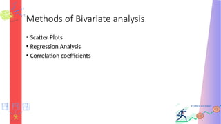 Methods of Bivariate analysis
• Scatter Plots
• Regression Analysis
• Correlation coefficients
 