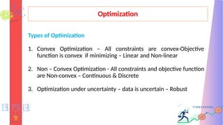 Optimization
Types of Optimization
1. Convex Optimization – All constraints are convex-Objective
function is convex if minimizing – Linear and Non-linear
2. Non – Convex Optimization - All constraints and objective function
are Non-convex – Continuous & Discrete
3. Optimization under uncertainty – data is uncertain – Robust
 