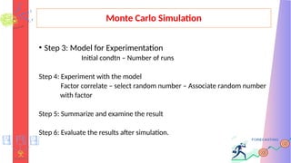 Monte Carlo Simulation
• Step 3: Model for Experimentation
Initial condtn – Number of runs
Step 4: Experiment with the model
Factor correlate – select random number – Associate random number
with factor
Step 5: Summarize and examine the result
Step 6: Evaluate the results after simulation.
 