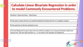 Calculate Linear Bivariate Regression in order
to model Commonly Encountered Problems.
Residual = Observed Value – Fitted Value
If the point is above the line, It is positive Residual and below the line, it is negative residual.
If the point lies on the line, Residual is zero
The best fitting line for given data is the line with the smallest sum of squared residuals called least
square line. Thus the observed line is y = a + bx which is the equation of straight line.
 