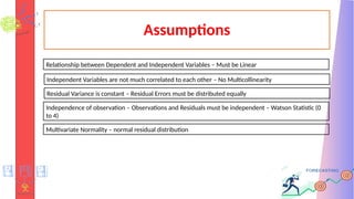 Assumptions
Independent Variables are not much correlated to each other – No Multicollinearity
Relationship between Dependent and Independent Variables – Must be Linear
Residual Variance is constant – Residual Errors must be distributed equally
Independence of observation – Observations and Residuals must be independent – Watson Statistic (0
to 4)
Multivariate Normality – normal residual distribution
 