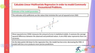 Calculate Linear Multivariate Regression in order to model Commonly
Encountered Problems.
The estimates of β coefficients are the values that minimize the sum of squared errors (SSE)
Mean squared error (MSE) measures the amount of error in statistical models. It assesses the average
squared difference between the observed and predicted values. A zero MSE value represents there are
no errors.
Estimates of the model parameters
As the data points fall closer to the regression line, the model has less error, decreasing the MSE. A
model with less error produces more precise predictions.
 