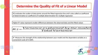 Determine the Quality of Fit of a Linear Model
𝑅 2=
𝑉𝑎𝑟𝑖𝑎𝑛𝑐𝑒 𝑒𝑥𝑝𝑙𝑎𝑖𝑛𝑒𝑑 𝑏𝑦 h
𝑡 𝑒 𝑚𝑜𝑑𝑒𝑙
𝑇𝑜𝑡𝑎𝑙 𝑉𝑎𝑟𝑖𝑎𝑛𝑐𝑒
Higher R2
value represent smaller differences between the observed data and the fitted values
R2
Measures the strength of the relationship between your model and the dependent variable on a
convenient scale of 0-100%
R2 evaluates the scatter of data points around the fitted regression line and is also called as coefficient
of determination or coefficient of multiple determination for multiple regression
 
