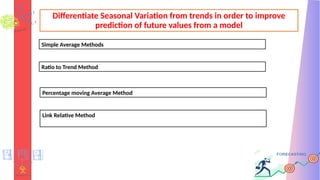 Differentiate Seasonal Variation from trends in order to improve
prediction of future values from a model
Simple Average Methods
Ratio to Trend Method
Percentage moving Average Method
Link Relative Method
 