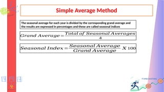 Simple Average Method
The seasonal average for each year is divided by the corresponding grand average and
the results are expressed in percentages and these are called seasonal indices
𝐺𝑟𝑎𝑛𝑑 𝐴𝑣𝑒𝑟𝑎𝑔𝑒=
𝑇𝑜𝑡𝑎𝑙 𝑜𝑓 𝑆𝑒𝑎𝑠𝑜𝑛𝑎𝑙 𝐴𝑣𝑒𝑟𝑎𝑔𝑒𝑠
4
𝑆𝑒𝑎𝑠𝑜𝑛𝑎𝑙 𝐼𝑛𝑑𝑒𝑥 =
𝑆𝑒𝑎𝑠𝑜𝑛𝑎𝑙 𝐴𝑣𝑒𝑟𝑎𝑔𝑒
𝐺𝑟𝑎𝑛𝑑 𝐴𝑣𝑒𝑟𝑎𝑔𝑒
𝑋 100
 