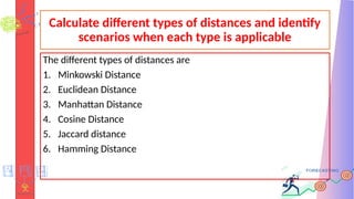 Calculate different types of distances and identify
scenarios when each type is applicable
The different types of distances are
1. Minkowski Distance
2. Euclidean Distance
3. Manhattan Distance
4. Cosine Distance
5. Jaccard distance
6. Hamming Distance
 
