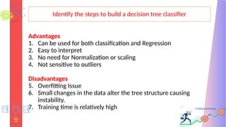 Identify the steps to build a decision tree classifier
Advantages
1. Can be used for both classification and Regression
2. Easy to interpret
3. No need for Normalization or scaling
4. Not sensitive to outliers
Disadvantages
5. Overfitting Issue
6. Small changes in the data alter the tree structure causing
instability.
7. Training time is relatively high
 