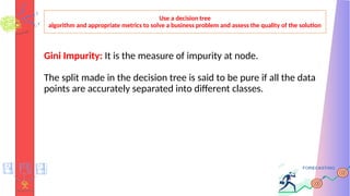 Use a decision tree
algorithm and appropriate metrics to solve a business problem and assess the quality of the solution
Gini Impurity: It is the measure of impurity at node.
The split made in the decision tree is said to be pure if all the data
points are accurately separated into different classes.
 