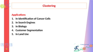 Clustering
Applications
1. In Identification of Cancer Cells
2. In Search Engines
3. In Biology
4. Customer Segmentation
5. In Land Use
 