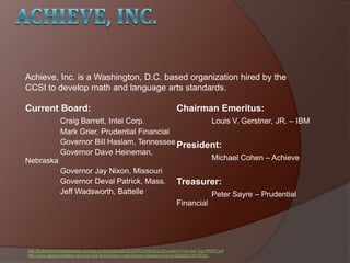 Current Board:
Craig Barrett, Intel Corp.
Mark Grier, Prudential Financial
Governor Bill Haslam, Tennessee
Governor Dave Heineman,
Nebraska
Governor Jay Nixon, Missouri
Governor Deval Patrick, Mass.
Jeff Wadsworth, Battelle
Chairman Emeritus:
Louis V. Gerstner, JR. – IBM
President:
Michael Cohen – Achieve
Treasurer:
Peter Sayre – Prudential
Financial
http://truthinamericaneducation.com/wp-content/uploads/2012/07/Controlling-Education-From-the-Top-PRINT.pdf
http://www.gatesfoundation.org/How-We-Work/Quick-Links/Grants-Database/Grants/2008/05/OPP50361
Achieve, Inc. is a Washington, D.C. based organization hired by the
CCSI to develop math and language arts standards.
 
