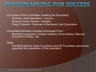 Co-Chairs of the Committee Creating the Document:
Governor Janet Napolitano - Arizona
Governor Sonny Perdue - Georgia
Craig R. Barrett - Chairman of the Board, Intel Corporation
Committee Members Included Individuals From:
Microsoft Corporation, Fordham Institute, Hunt Institute, National
Council of La Raza, etc.
Note:
The Bill & Melinda Gates Foundation and GE Foundation generously
supported the preparation of this publication.
http://www.achieve.org/files/BenchmarkingforSuccess.pdf
 