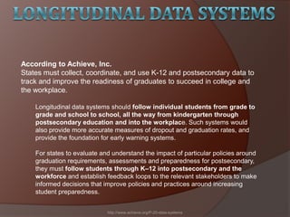 http://www.achieve.org/P-20-data-systems
According to Achieve, Inc.
States must collect, coordinate, and use K-12 and postsecondary data to
track and improve the readiness of graduates to succeed in college and
the workplace.
Longitudinal data systems should follow individual students from grade to
grade and school to school, all the way from kindergarten through
postsecondary education and into the workplace. Such systems would
also provide more accurate measures of dropout and graduation rates, and
provide the foundation for early warning systems.
For states to evaluate and understand the impact of particular policies around
graduation requirements, assessments and preparedness for postsecondary,
they must follow students through K–12 into postsecondary and the
workforce and establish feedback loops to the relevant stakeholders to make
informed decisions that improve policies and practices around increasing
student preparedness.
 