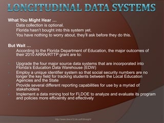 What You Might Hear …
Data collection is optional.
Florida hasn’t bought into this system yet.
You have nothing to worry about, they’ll ask before they do this.
But Wait …
According to the Florida Department of Education, the major outcomes of
their 2010 ARRA/RTTP grant are to:
• Upgrade the four major source data systems that are incorporated into
Florida’s Education Data Warehouse (EDW)
• Employ a unique identifier system so that social security numbers are no
longer the key field for tracking students between the Local Education
Agencies and the State
• Provide several different reporting capabilities for use by a myriad of
stakeholders
• Implement a data mining tool for FLDOE to analyze and evaluate its program
and policies more efficiently and effectively
http://www.doe.k12.de.us/EdInsight/
 