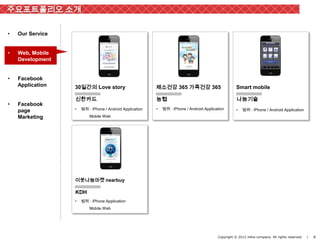 주요포트폴리오 소개

•   Our Service


•   Web, Mobile
    Development


•   Facebook
    Application   30일간의 Love story                        채소건강 365 가족건강 365                           Smart mobile

                  신한카드                                    농협                                          나눔기술
•   Facebook
                  •   범위 : iPhone / Android Application   •   범위 : iPhone / Android Application       •   범위 : iPhone / Android Application
    page
    Marketing             Mobile Web




                  이웃나눔마켓 nearbuy

                  KDH
                  •   범위 : iPhone Application
                          Mobile Web




                                                                                           Copyright © 2012 inthe-company. All rights reserved.   |   4
 