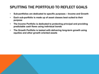 SPLITTING THE PORTFOLIO TO REFLECT GOALS
• Sub-portfolios are dedicated to specific purposes – Income and Growth
• Each sub-portfolio is made up of asset classes best suited to their
purpose
• The Income Portfolio is dedicated to protecting principal and providing
predictable cash flows using individual bonds
• The Growth Portfolio is tasked with delivering long-term growth using
equities and other growth oriented assets
 