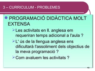 3 – CURRICULUM - PROBLEMES

PROGRAMACIÓ DIDÀCTICA MOLT
PROGRAMACIÓ DIDÀCTICA MOLT
 EXTENSA
 EXTENSA
     Les activitats en ll. anglesa em
     Les activitats en ll. anglesa em
      requeriran temps adicional a l'aula ?
       requeriran temps adicional a l'aula ?
     L' ús de la llengua anglesa ens
     L' ús de la llengua anglesa ens
      dificultarà l'assoliment dels objectius de
       dificultarà l'assoliment dels objectius de
      la meva programació ?
       la meva programació ?
     Com avaluem les activitats ?
     Com avaluem les activitats ?

                                               13
 