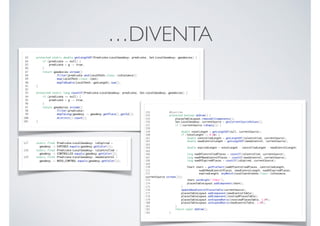 …DIVENTA
83 protected static double getLengthOf(Predicate<LocalGeodesy> predicate, Set<LocalGeodesy> geodesies) {
84 if (predicate == null) {
85 predicate = g -> true;
86 }
87 return geodesies.stream()
88 .filter(predicate.and(LocalPath.class::isInstance))
89 .map(LocalPath.class::cast)
90 .mapToDouble(LocalPath::getLength).sum();
91 }
92
93 protected static long countIf(Predicate<LocalGeodesy> predicate, Set<LocalGeodesy> geodesies) {
94 if (predicate == null) {
95 predicate = g -> true;
96 }
97 return geodesies.stream()
98 .filter(predicate)
99 .mapToLong(geodesy -> geodesy.getPlace().getId())
100 .distinct().count();
101 }
127 static final Predicate<LocalGeodesy> isExpired =
geodesy -> EXPIRED.equals(geodesy.getColor());
128 static final Predicate<LocalGeodesy> isControlled =
geodesy -> CONTROLLED.equals(geodesy.getColor());
129 static final Predicate<LocalGeodesy> needsControl =
geodesy -> NEED_CONTROL.equals(geodesy.getColor());
153 @Override
154 protected boolean doDraw() {
155 placesTableLayout.removeAllComponents();
156 Set<LocalGeodesy> currentSource = getCurrentSourceValues();
157 if (!currentSource.isEmpty()) {
158
159 double totalLength = getLengthOf(null, currentSource);
160 if (totalLength != 0.0d) {
161 double controlledLength = getLengthOf(isControlled, currentSource);
162 double needControlLength = getLengthOf(needsControl, currentSource);
163
164 double expiredLength = totalLength - controlledLength - needControlLength;
165
166 long numOfControlledPlaces = countIf(isControlled, currentSource);
167 long numOfNeedControlPlaces = countIf(needsControl, currentSource);
168 long numOfExpiredPlaces = countIf(isExpired, currentSource);
169
170 Chart chart = getPieChart(numOfControlledPlaces, controlledLength,
171 numOfNeedControlPlaces, needControlLength, numOfExpiredPlaces,
172 expiredLength, anyMatch(LocalCoordinates.class::isInstance,
currentSource.stream()));
173 chart.setHeight("250px");
174 placesTableLayout.addComponent(chart);
175 }
176 updateNeedControlPlacesTable(currentSource);
177 placesTableLayout.addComponent(needControlTable);
178 placesTableLayout.addComponent(involvedPlacesTable);
179 placesTableLayout.setExpandRatio(involvedPlacesTable, 1.0f);
180 placesTableLayout.setExpandRatio(needControlTable, 1.0f);
181 }
182 return super.doDraw();
183 }
 