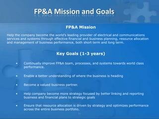 FP&A Mission and Goals
                                     FP&A Mission
Help the company become the world’s leading provider of electrical and communications
services and systems through effective financial and business planning, resource allocation
and management of business performance, both short term and long term.


                               Key Goals (1-3 years)

     •    Continually improve FP&A team, processes, and systems towards world class
          performance.

     •    Enable a better understanding of where the business is heading

     •    Become a valued business partner.

     •    Help company become more strategy focused by better linking and reporting
          business and financial plans to strategic goals

     •    Ensure that resource allocation is driven by strategy and optimizes performance
          across the entire business portfolio.
                                              12
 