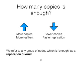 How many copies is
enough?
We refer to any group of nodes which is ‘enough’ as a
replication quorum
More copies,
More resilient
Fewer copies,
Faster replication
22
 