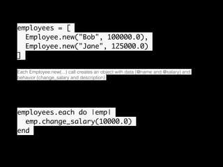 employees = [
Employee.new("Bob", 100000.0),
Employee.new("Jane", 125000.0)
]
Each Employee.new(...) call creates an object with data (@name and @salary) and
behavior (change_salary and description)
employees.each do |emp|
emp.change_salary(10000.0)
end
•
 