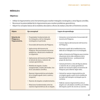 81 
Objeto 
Relación de Pitágoras y Trigonometría. 
Eje conceptual 
• Propiedades fundamentales de los triángulos y de los triángulos rectángulos en particular. 
• Enunciado del teorema de Pitágoras. 
• Aplicaciones del teorema de Pitágoras: Reconocimiento de ternas pitagóricas; cálculo de la medida de un segmento. 
• Aplicaciones del teorema de Pitágoras al cálculo de áreas y volumen de cuerpos geométricos. 
• Medida de ángulos. Grados sexagesimales. Grados decimales. Uso de la calculadora científica. 
• Razones trigonométricas principales de un ángulo agudo (seno, coseno y tangente). 
• Razones de ángulos complementarios. 
• Relaciones fundamentales entre las razones trigonométricas de un ángulo. 
Módulo 6 
Objetivos: 
• Utilizar la trigonometría como herramienta para resolver triángulos rectángulos u otras figuras sencillas. 
• Reconocer la potencialidad de la trigonometría para resolver problemas geométricos. 
• Adquirir los conceptos básicos de la estadística descriptiva a efectos de analizar y describir un fenómeno concreto. 
Logros de aprendizaje 
• Interpreta correctamente el enunciado del teorema de Pitágoras. 
• Conoce alguna demostración del teorema de Pitágoras. 
• Reconoce a partir de la medida de los tres lados de un triángulo si es o no rectángulo. 
• Aplica el teorema de Pitágoras para resolver situaciones de la vida cotidiana y de la especialidad técnico – profesional del grupo de alumnos. 
• Calcula perímetro o área de figuras planas o volumen de un cuerpo geométrico donde sea necesario aplicar el teorema de Pitágoras para obtener algún dato. 
• Calcula las razones trigonométricas de un ángulo agudo a partir de la medida de los lados del triángulo rectángulo que lo contiene. 
• Halla las razones trigonométricas de un ángulo con calculadora científica y la medida del ángulo a partir de una de sus razones. 
FPB PLAN 2007 / MATEMÁTICA  