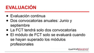 EVALUACIÓN
● Evaluación continua
● Dos convocatorias anuales: Junio y
septiembre
● La FCT tendrá solo dos convocatorias
● El módulo de FCT solo se evaluará cuando
se hayan superado los módulos
profesionales
 