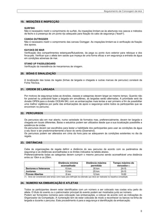 Regulamento de Canoagem de Mar



19. MEDIÇÕES E INSPECÇÃO

  SURFSKI
  Não é necessário medir o comprimento do surfski. As inspeções limitam-se às aberturas nos cascos e métodos
  de fecho e à presença de um ponto rijo adequado para fixação do cabo de segurança (“leash”).

  CANOA OUTRIGGER
  Não é necessário medir o comprimento das canoas Outrigger. As inspeções limitam-se à verificação da fixação
  dos apoios.

  KAYAKS DE MAR
  Verificação dos compartimentos estanques/flutuadores, da pega ou ponto duro exterior para reboque e dos
  finca-pés. Verificar que o atleta tem saiote que impeça de uma forma eficaz e em segurança a entrada de água
  em condições adversas de mar.

  STAND UP PADDLEBOARD
  Verificação da inexistência de mecanismos de viragem.


20. BÓIAS E SINALIZAÇÃO

  A localização das boias da regata (linhas de largada e chegada e outras marcas de percurso) constará da
  Ficha Técnica.

21. ORDEM DE LARGADA

  Por motivos de segurança todas as divisões, classes e categorias devem largar ao mesmo tempo. Quando não
  for possível ou praticável fazer a largada em simultâneo, as largadas serão alternadas. A prioridade será da
  divisão OPEN para a divisão OCEAN SKI, com as embarcações mais lentas a sair primeiro a fim de possibilitar
  uma melhor vigilância por parte das embarcações de apoio e segurança sobre todos os participantes que se
  encontram no percurso.

22. PERCURSOS

  Os percursos são em mar aberto, numa variedade de formatos mas, preferencialmente, devem ter largada e
  chegada em locais diferentes. Baías e estuários podem ser utilizados desde que a sua localização possibilite a
  existência de ondas.
  Os percursos devem ser escolhidos para testar a habilidade dos participantes para usar as condições da água
  a seu favor e ser predominantemente a favor do vento (Downwind).
  Os percursos podem ser alterados em cima da hora para se adequarem às condições existentes no dia da
  regata.

23. DISTÂNCIAS

  Cabe às organizações de regata definir a distância do seu percurso de acordo com os parâmetros de
  segurança e as distâncias aconselhadas e os limites indicados na tabela abaixo.
  Preferencialmente todas as categorias devem cumprir o mesmo percurso sendo aconselhável uma distância
  entre os 15km e os 20km.

                                         Distância mínima                Distância máxima               Tempo máximo do
                                           aconselhada                       permitida                     vencedor(1)
   Seniores e Veteranos                        15 km                           35 km                          2h15
   Juniores                                    15 km                           25 km                          2h15
   Provas Abertas                              8 km                            12 km                          1h30
  (1) Deve ser considerado este tempo como base para definição da extensão que deve ser realizada na respetiva competição.


24. NUMERO NA EMBARCAÇÃO E ATLETAS

  Todos os participantes devem estar identificados com um número a ser colocado nas costas e/ou peito do
  atleta. O título do evento ou o patrocinador principal do evento podem ser mostrados junto ao número.
  Podem ser fornecidos números para colocação nas embarcações, a colocar de acordo com as indicações do
  Organizador da Competição. A numeração tem de estar colocada de modo a reconhecer os barcos na linha de
  largada e durante o percurso. Este procedimento é para a segurança e identificação da embarcação.



                                                                                                                             8
 